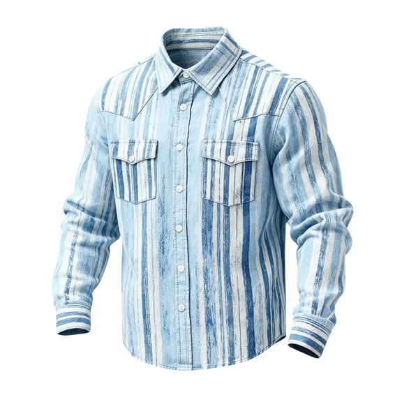 LEKWK Western Shirt for Men Vertical Striped Long Sleeve Button Down Top Cowboy Rodeo Ranch Style Slim Fit Distressed Look