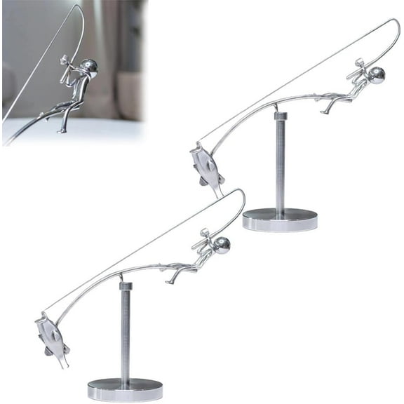 HaCpiu 2pcThe Fisherman Balancing Sculpture Set, Kinetic Fishing Sculpture, Creative Metal Fish Figurine, Unique Standing Fish Statue Metal Handicrafts, Moving Desk Ornaments for Men Office