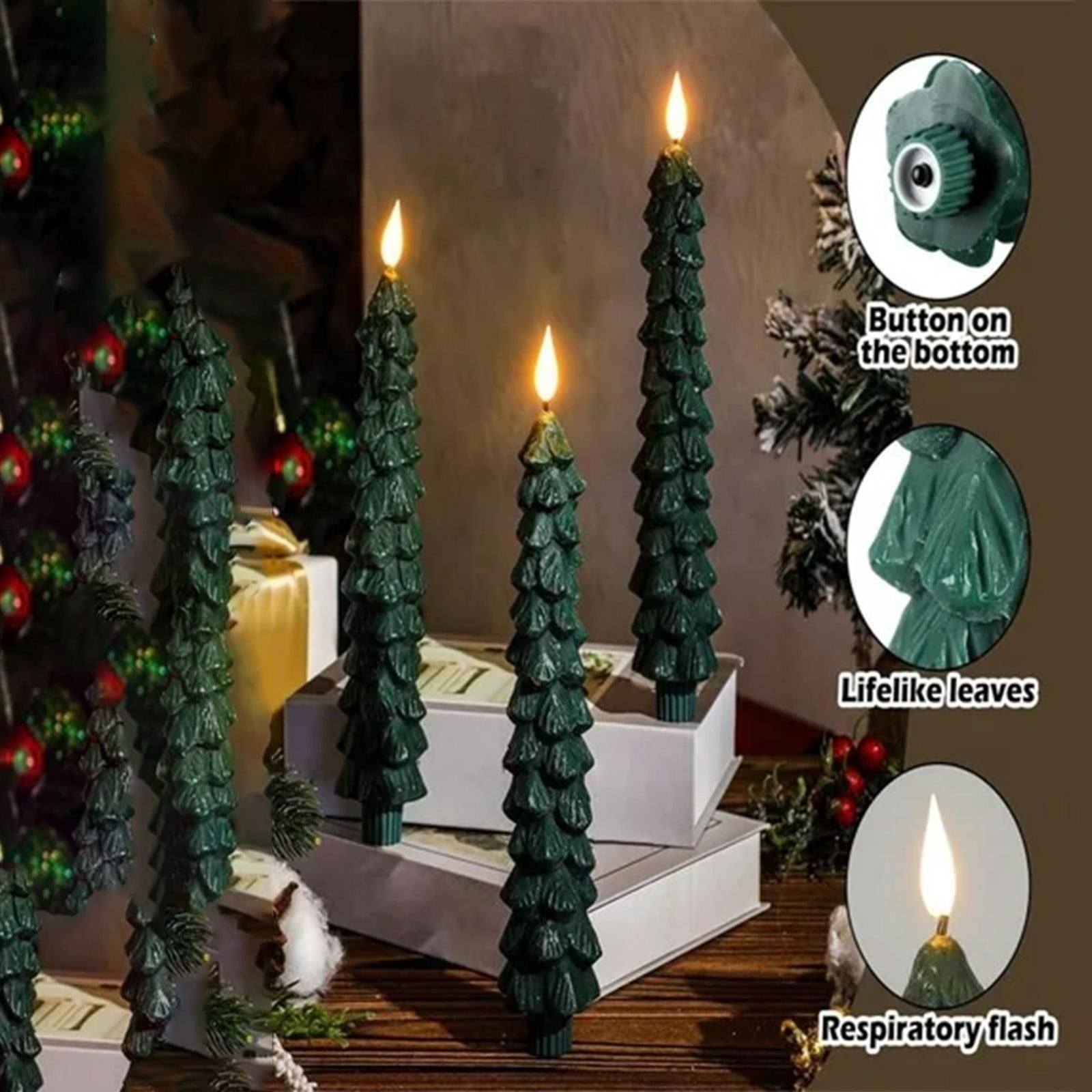 Christmas Tree Flameless Candles, Christmas Tree Candles, Christmas Taper Candles with 3D Flame, Christmas Flameless Candles, Christmas Tree Candles with Remote for Christmas Home Decoration(10 In)