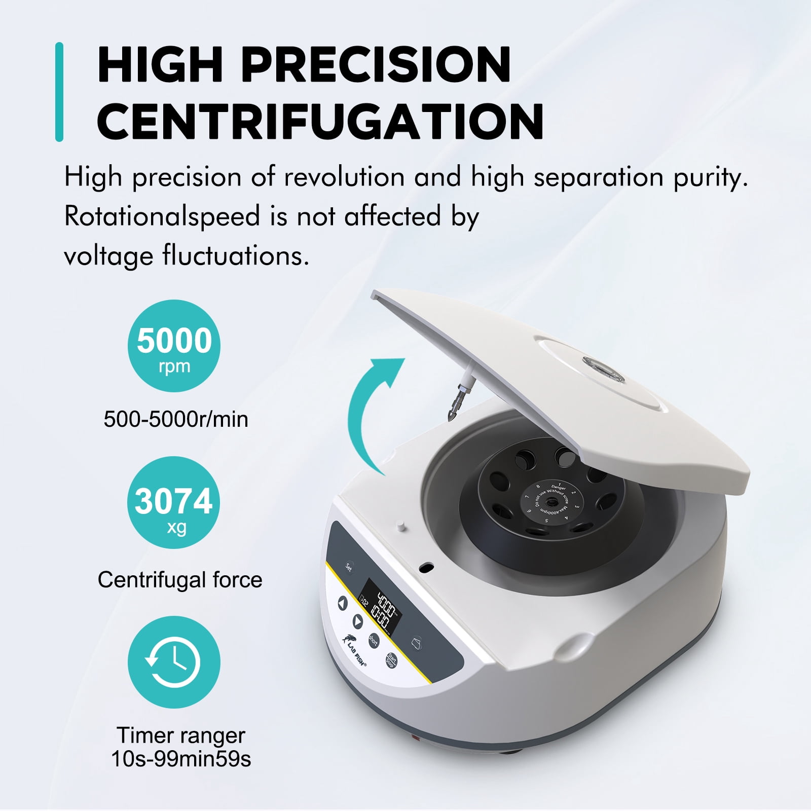 LAB FISH Benchtop Centrifuge - Low Speed 500-5000 RPM, 3074 xg Max, 8-Place Rotor for 2ml 5ml 10ml 15ml Tubes, Ideal for PRP/PRF, Serum Separation, Lab & Clinical Use