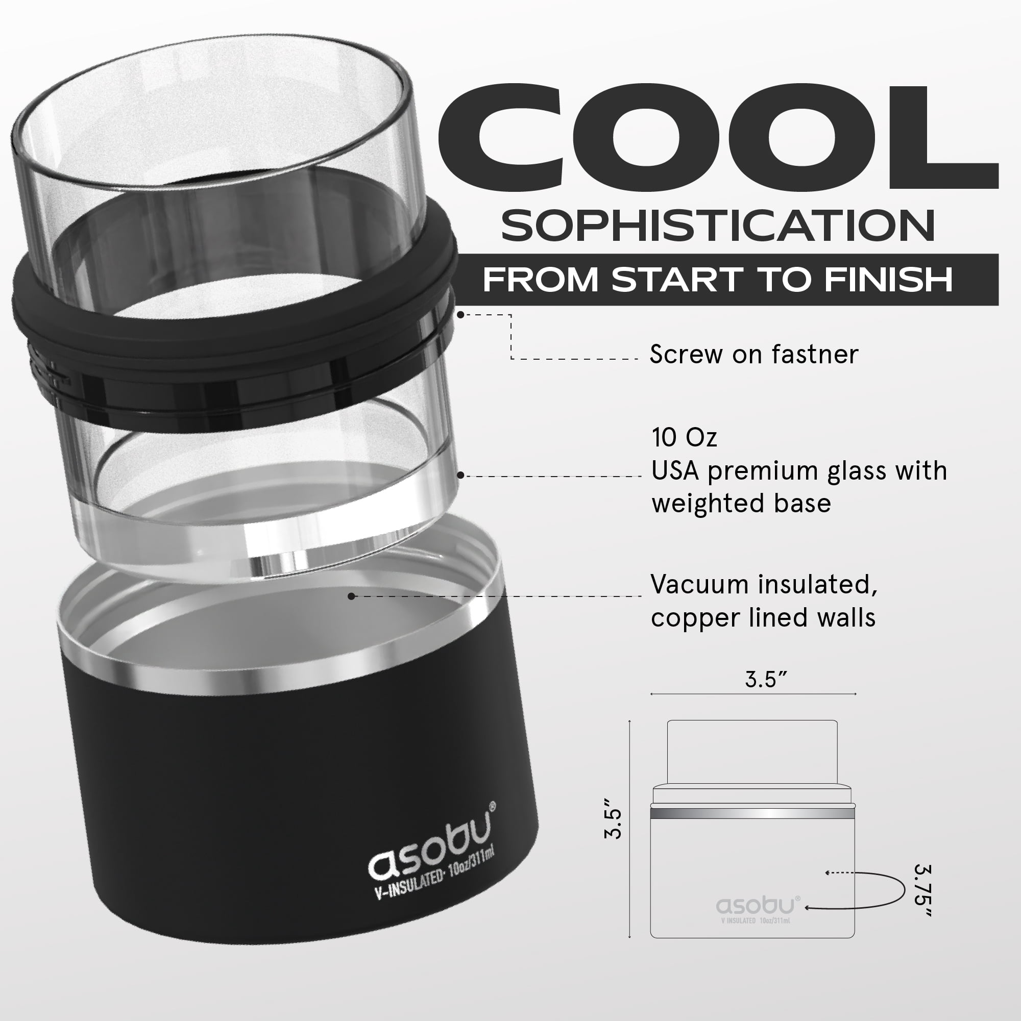Asobu - Black Whiskey Glass with Insulated Stainless Steel Sleeve, 10.5 ounces