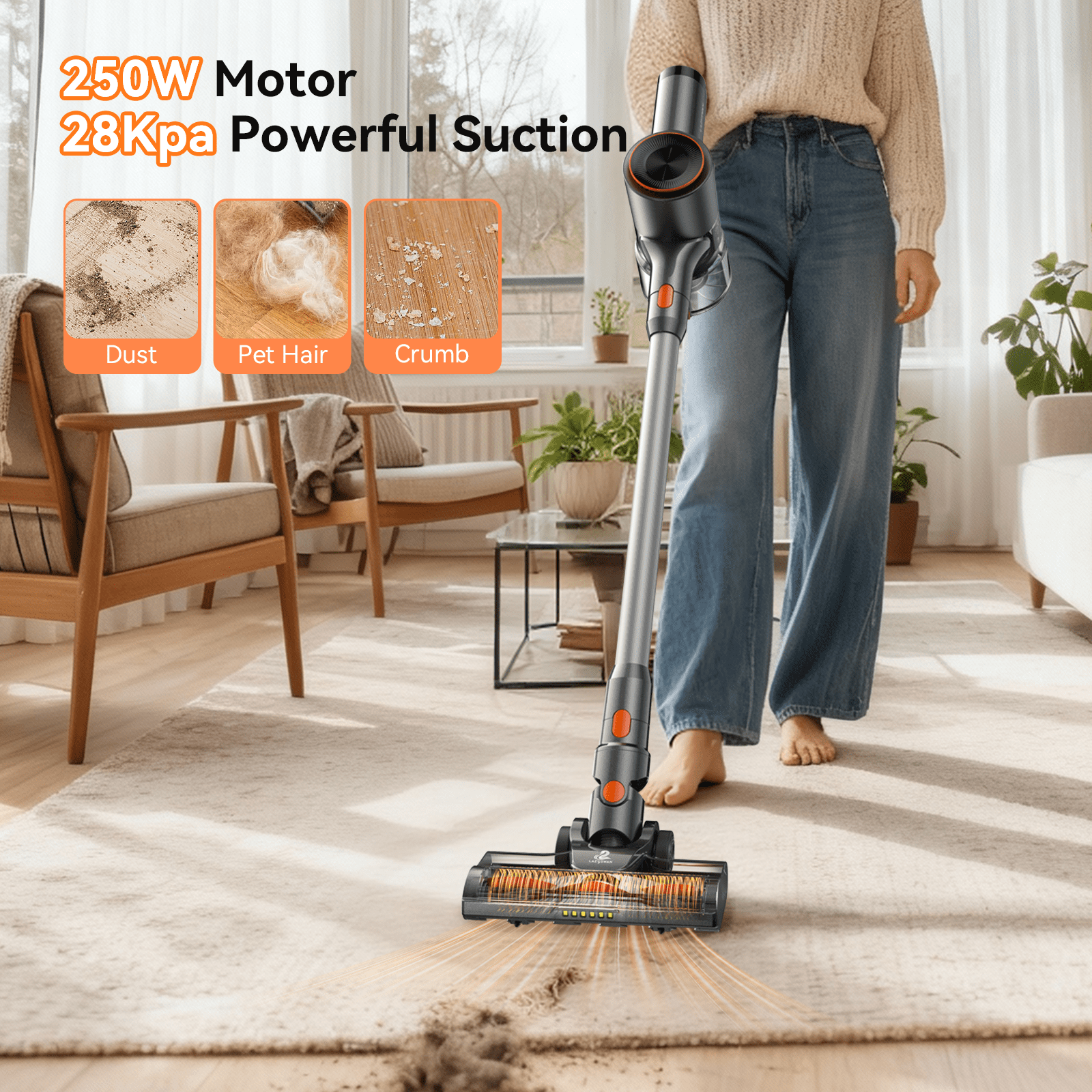 Lazyswan Cordless Vacuum Rechargeable Stick Vacuum Lightweight for Carpet Hardfloor Pet Hair Home, LS-S1