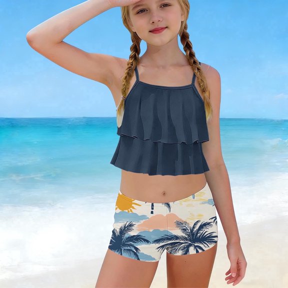 Jamicy 2 Piece Swimsuit for Girls Ruched Ruffle Tankini Swimsuits for Girls Sleeveless Bathing Suit with Drawstring Shorts Swimwear for 6-15 Years Kids