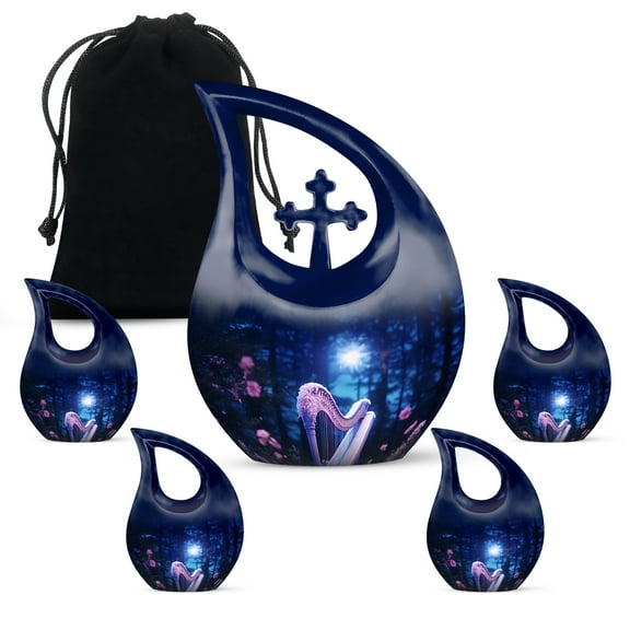 MUKTIVE Beautiful Harp Burial Urn for Ashes Adult Male & Female, Dechandmade Burial Urns for Human Ashes for Men, Memorial Gifts, Decorative Mini Cremains Holder (1 Large, 4 Keepsake)