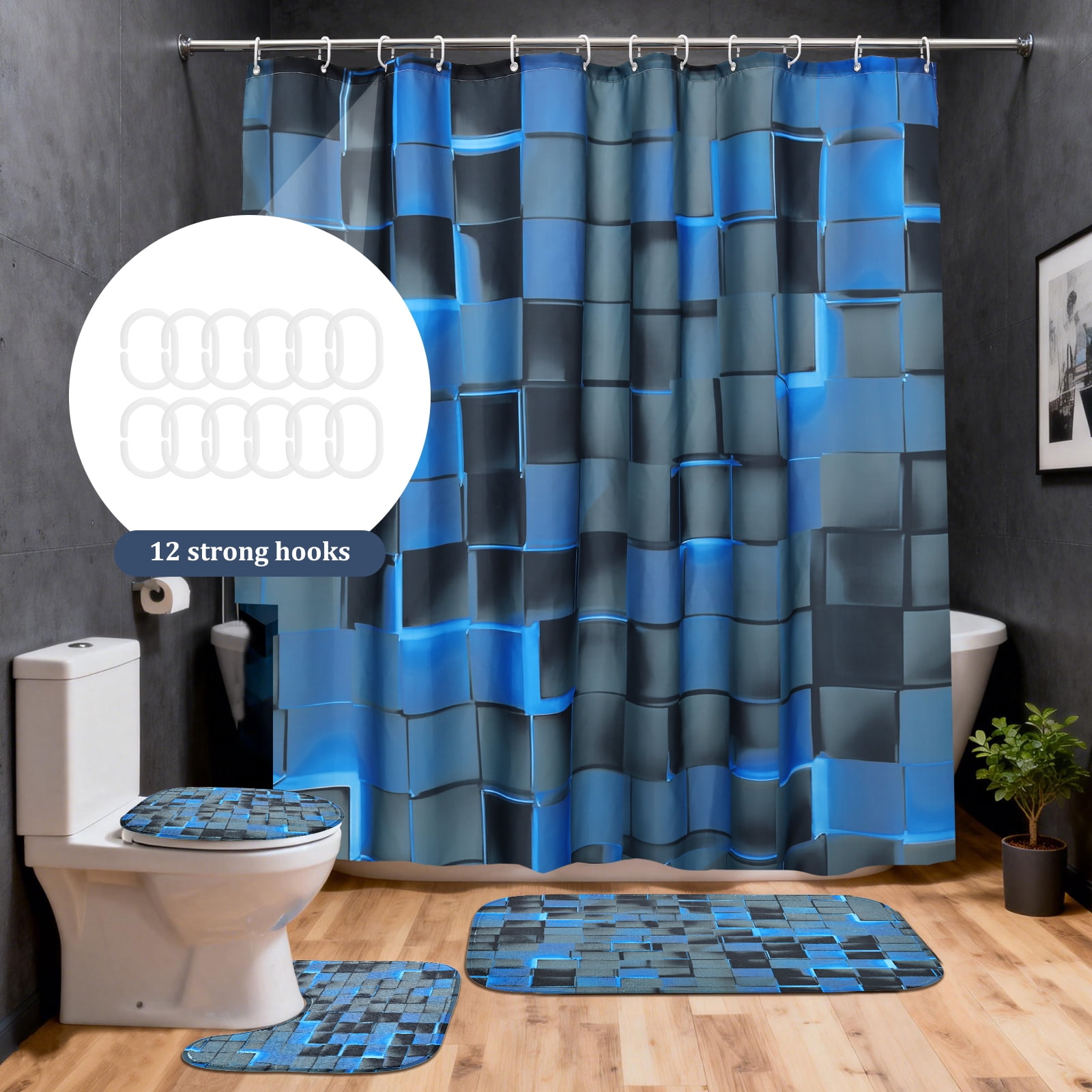 Dznils 3D Blue Cubes Shower Curtains and Bath Rug Set, Modern Fabric Bathroom Curtain Sets, 72" x 72"