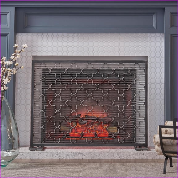 Fireplace Screen | Modern Single Panel Indoor, Black Brushed Silver Spark Protection | Iron | Rectangle