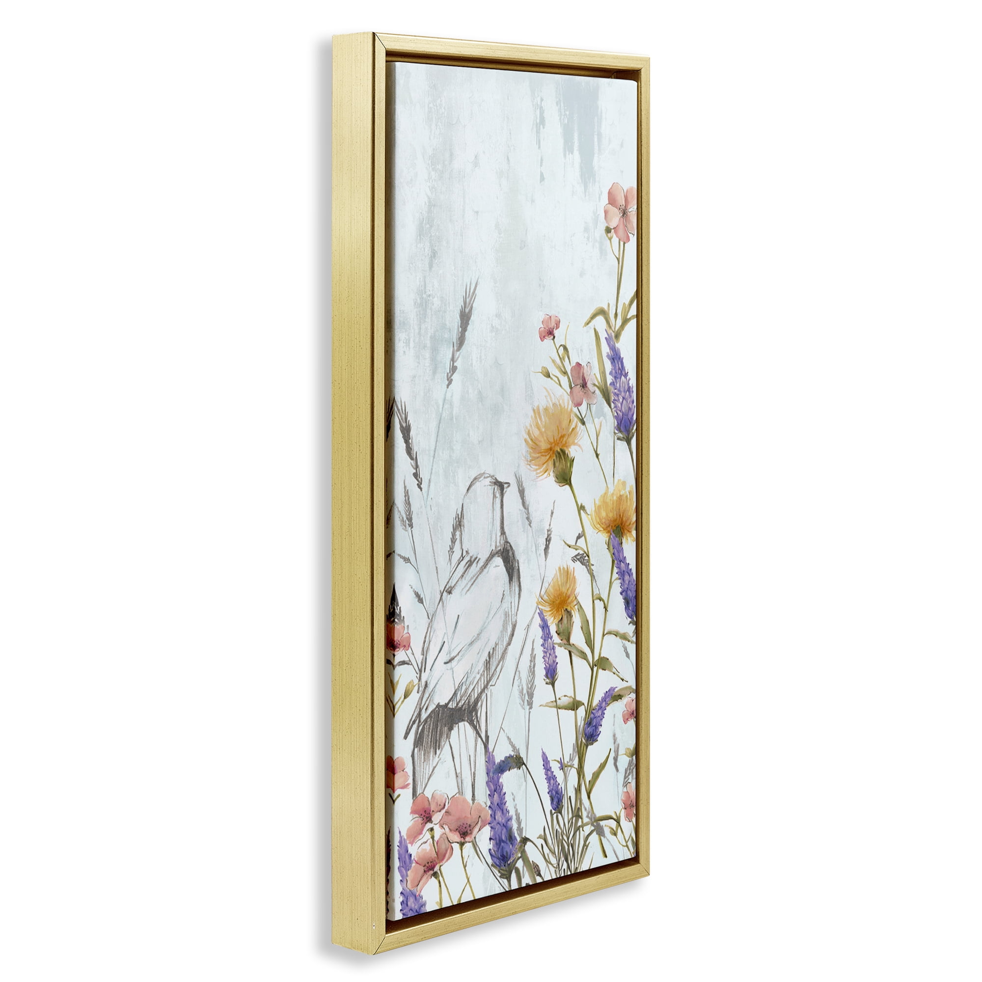 Stupell Industries Bird Outline with Wildflowers Plants & Flowers Painting Gold Floater Framed Canvas Art Print Wall Art, 11 x 25