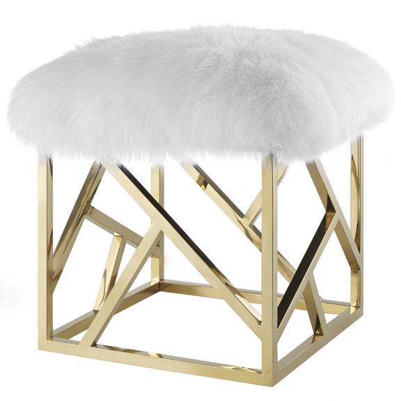 Modern Deco Contemporary Urban Design Living Room Lounge Club Lobby Accent Chair Ottoman, Metal Steel Skin, Gold White