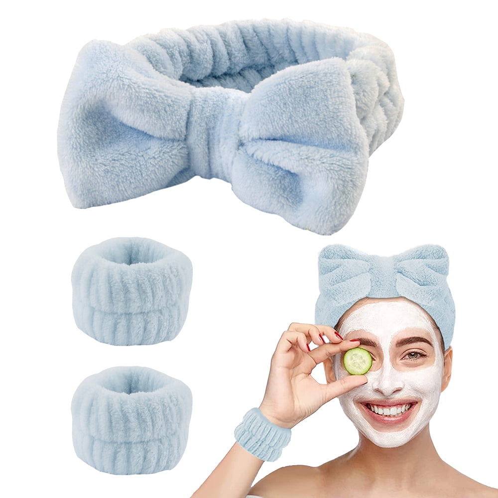 Spa headband for washing face and matching wrist strap, fuzzy skin care