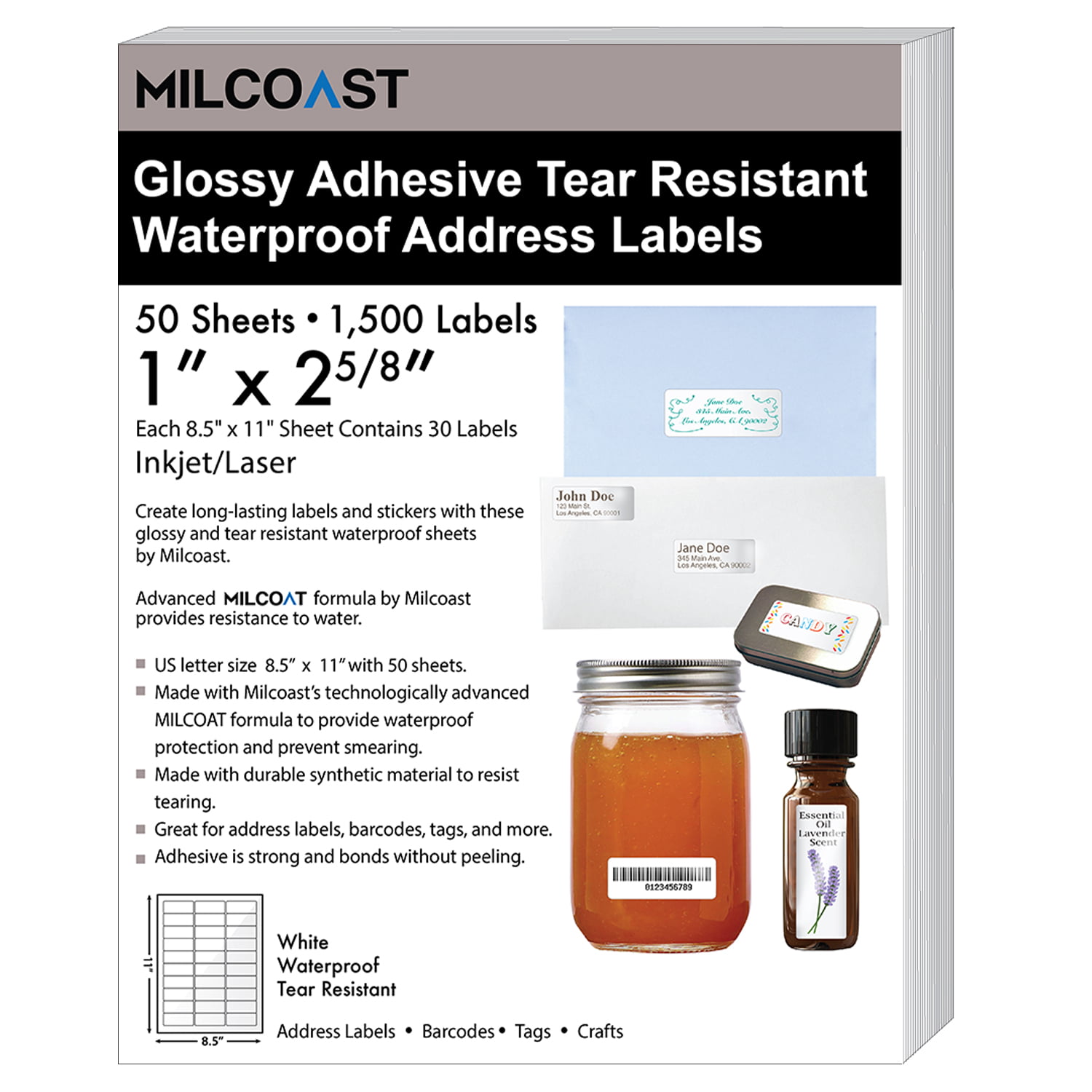 Milcoast Neon Matte Waterproof Address Labels 1 x 2-5/8" 5 Colors 25 Sheets 