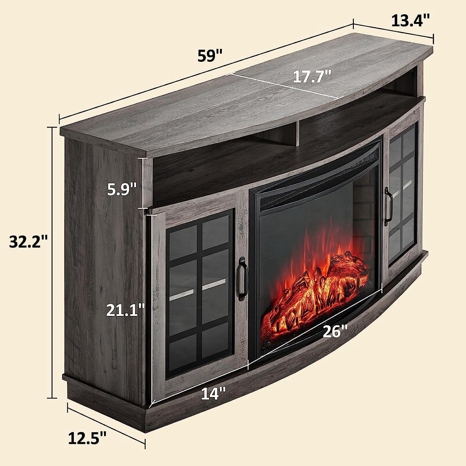 VANACC TV Stand with 26" Fireplace, 63" Entertainment Center with Fireplace', Wash Gray
