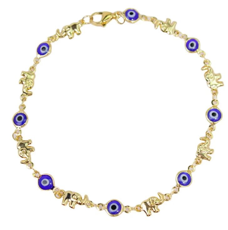 18K Gold  Elephant Blue Evil Eye Anklet Plated