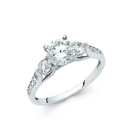 14K Solid White Gold 1.25 cttw Cubic Zirconia Round Cut Three 3 Stone Wedding Engagement Ring with Side Stones, Size
