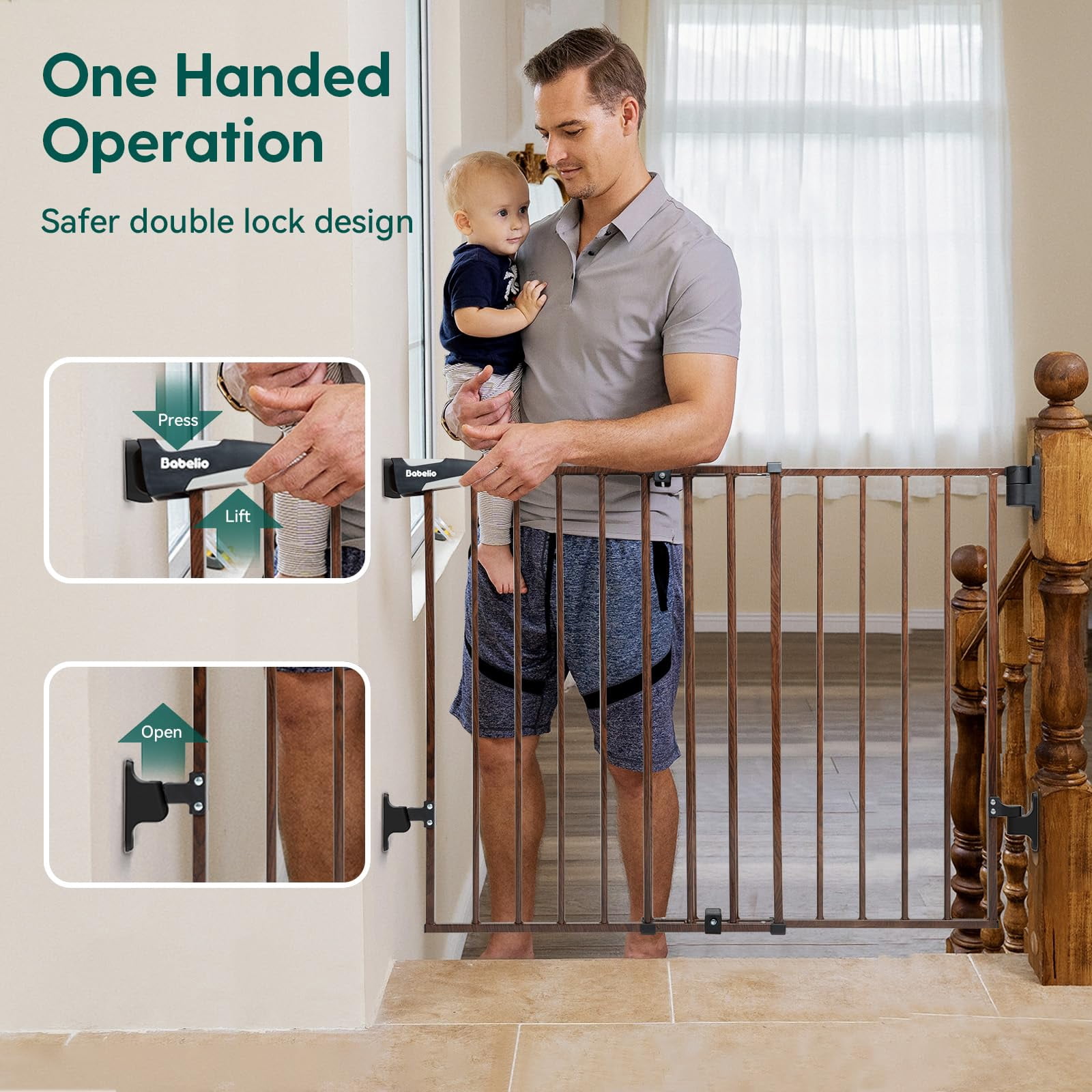 Gate for Stairs & Doorways, 26-43" W 34" H Extra Tall| No Bottom Bar| Easy Installation| One-handed Operation| Auto-close| Hardware Mount (Drill Needed) Safety Dog/Pet Gate Indoor (White)