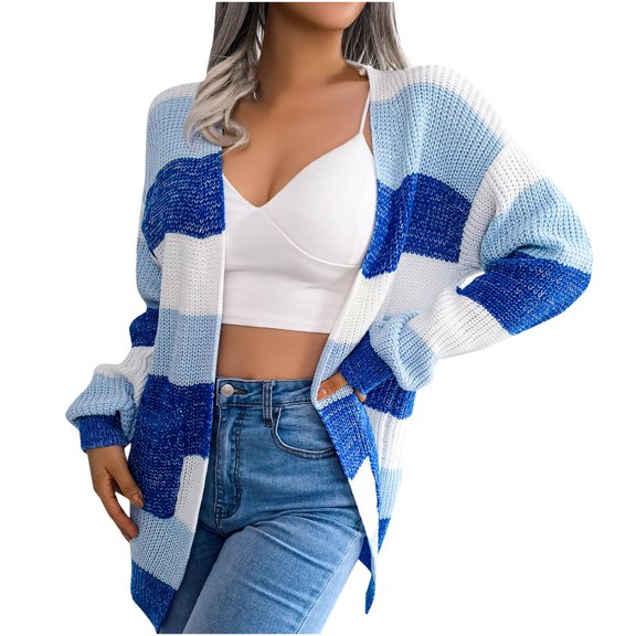 Fesfesfes Women Cardigan Women Fall Winter Stripes Long Sleeve Cardigan Sweater Coat Tops