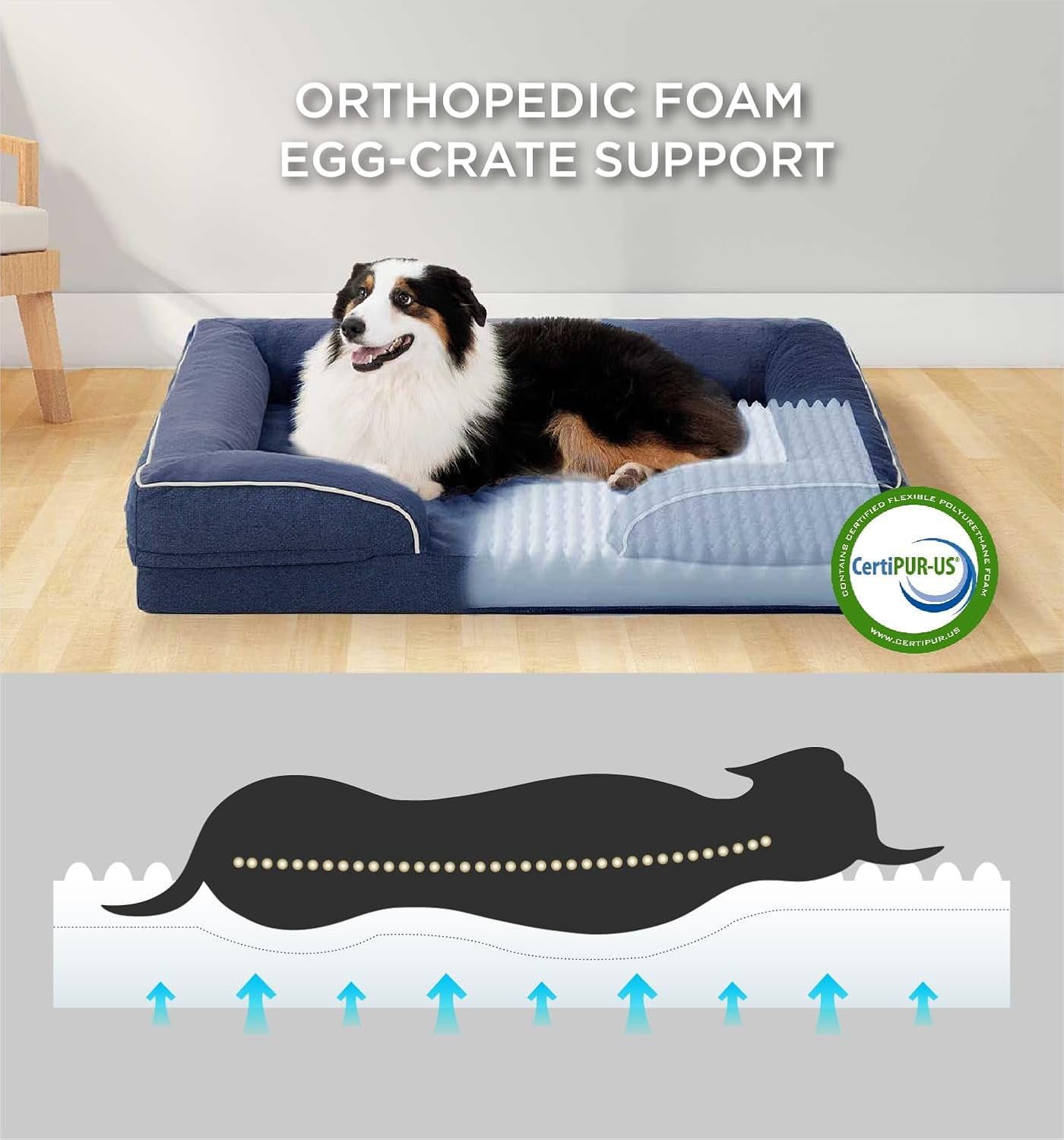 Orthopedic Dog Bed for Extra Large Dogs, Supportive Foam XL Pet Bed Sofa with Washable Removable Cover, Waterproof Large Dog Couch Bed, Non-Slip Bottom and Egg-Crate Foam, Grey