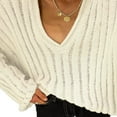 thumbnail image 3 of Womens Autumn Loose Knitwear  Solid Color Knitting Ribbed Long Sleeve V-Neck Stylish Casual Sweater Tops, 3 of 5