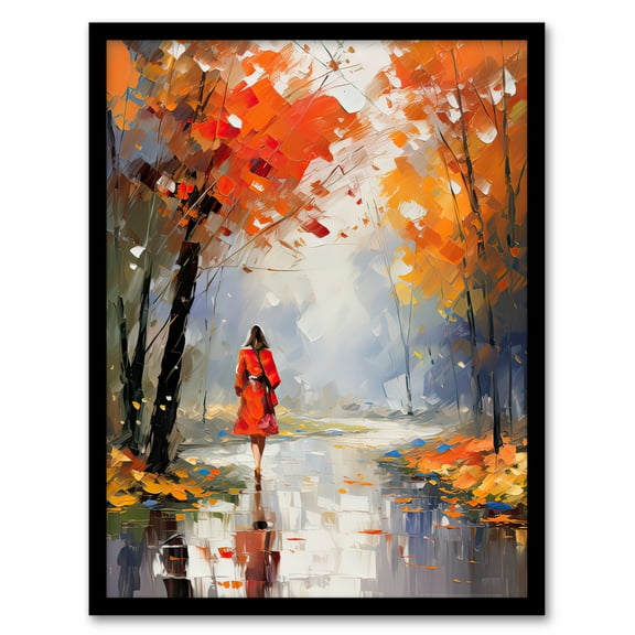 Autumn Walk Oil Painting Palette Knife Orange Red Blue Woman Walking Through Park Art Print Framed Poster Wall Decor 12x16 inch
