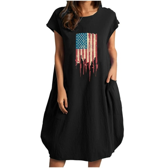 Wycnly Womens Independence Day Dresses Casual Loose Pocket Cotton Linen 4th of July Patriotic Midi Dresses Fashion American Flag Print Round Neck Short Sleeve Knee-Length Summer Dress Black m