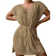 thumbnail image 1 of QWQJ Womens Drawstring Beach Dress Short Sleeves Beach Up Hollow Out Swimsuit Up for Beachwears, 1 of 8