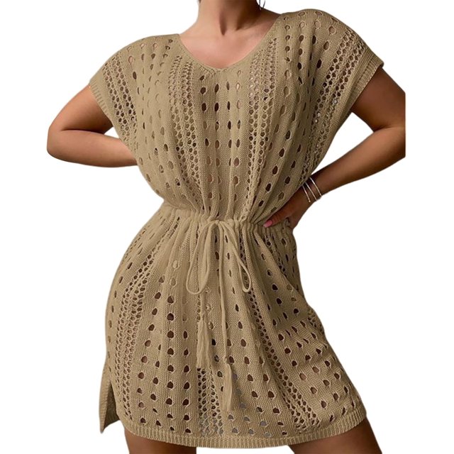 QWQJ Womens Drawstring Beach Dress Short Sleeves Beach Up Hollow Out Swimsuit Up for Beachwears