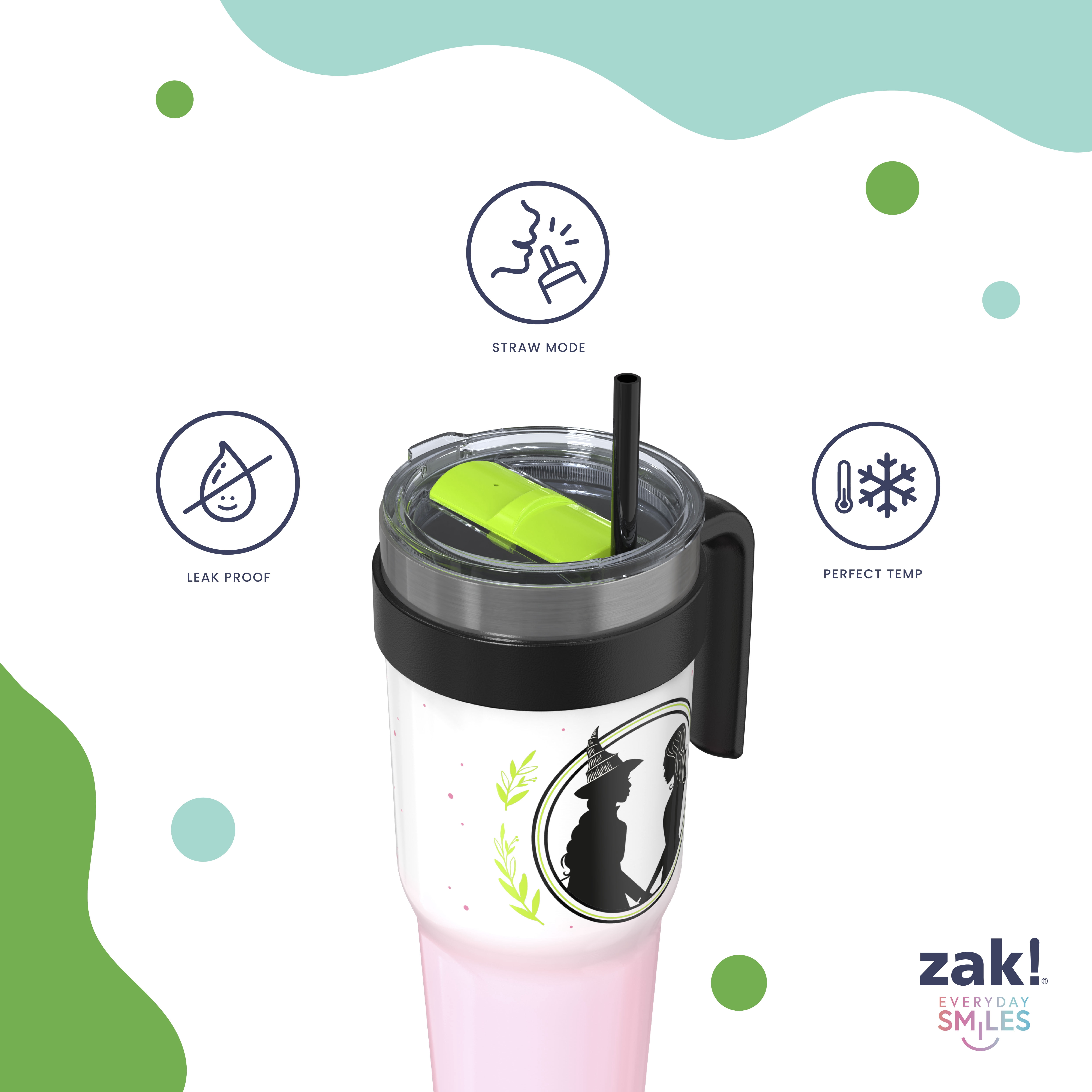 Zak Designs 40oz Wicked Halloween Straw Handle Tumbler, Double Wall Vacuum Insulated Stainless Steel Waverly Tumbler with Durable Plastic Straw, Travel Straw Tumbler with Handle, Ombre