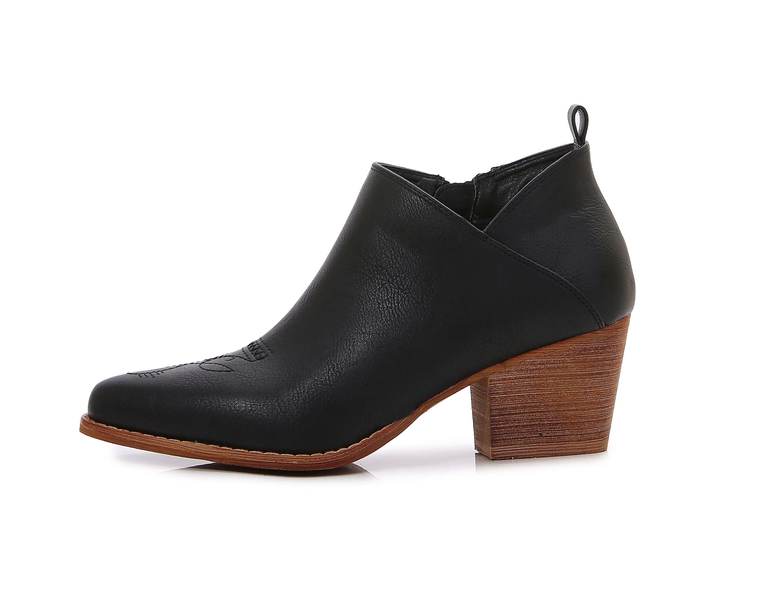 MM Women's embroidered Polyurethane Leather Wooden Heel Zippered Fashion Ankle Boots (Black, 9)