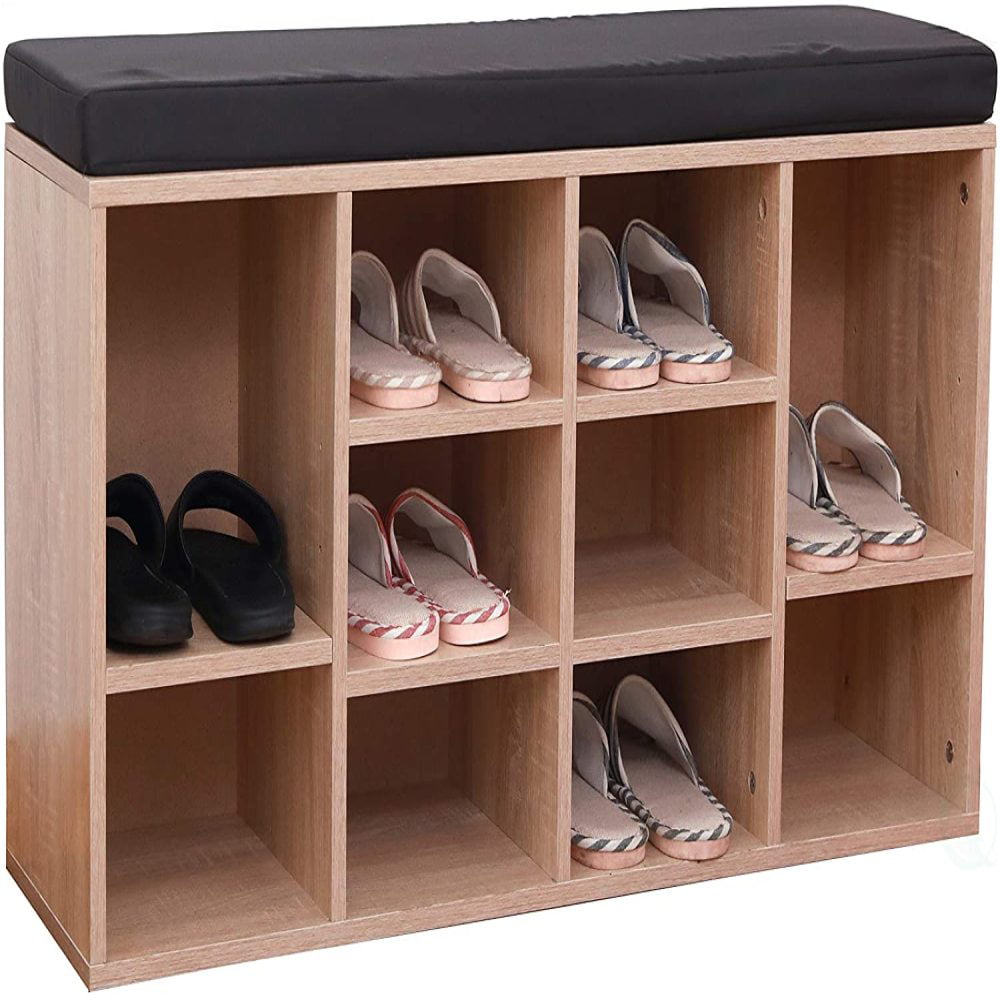 Basicwise Brown Wooden Entryway Shoe Storage Bench with Cushion