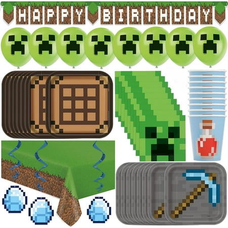 Minecraft Party Supplies and Decorations Set, Minecraft Birthday Party Supplies, Serves 16 Guests, Includes Plates, Banner, Table Cover, Balloons