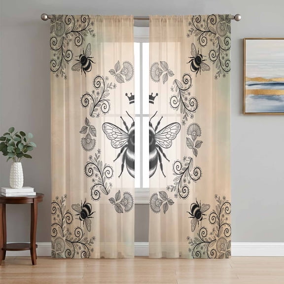 Vintage Bees Crowns Sheer Curtains 63 Inch Length 2 Panels Set Window Treatments, Rustic Leaves Rings Brown Gradient Rod Pocket Semi Curtains for Living Room/Bedroom/Kitchen Décor, 104"W x 63"L