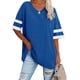 thumbnail image 1 of Camiseta de media manga para mujer con cuello en V a rayas, bloques de color, moda suelta, camisa de verano, tops para oficina, trabajo, cumpleaños, azul real XXL, 1 of 4