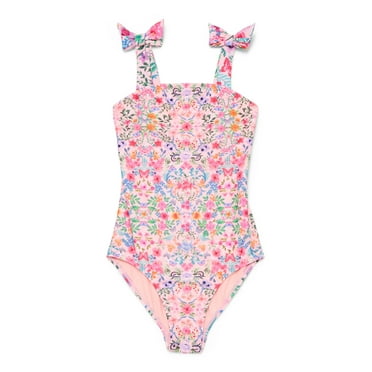 Wonder Nation Girls Floral One Piece Swimsuit with Bows and UPF 50, Sizes 4-18 & Plus