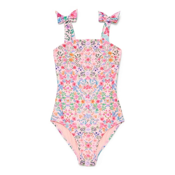 Wonder Nation Girls Floral One Piece Swimsuit with Bows and UPF 50, Sizes 4-18 & Plus
