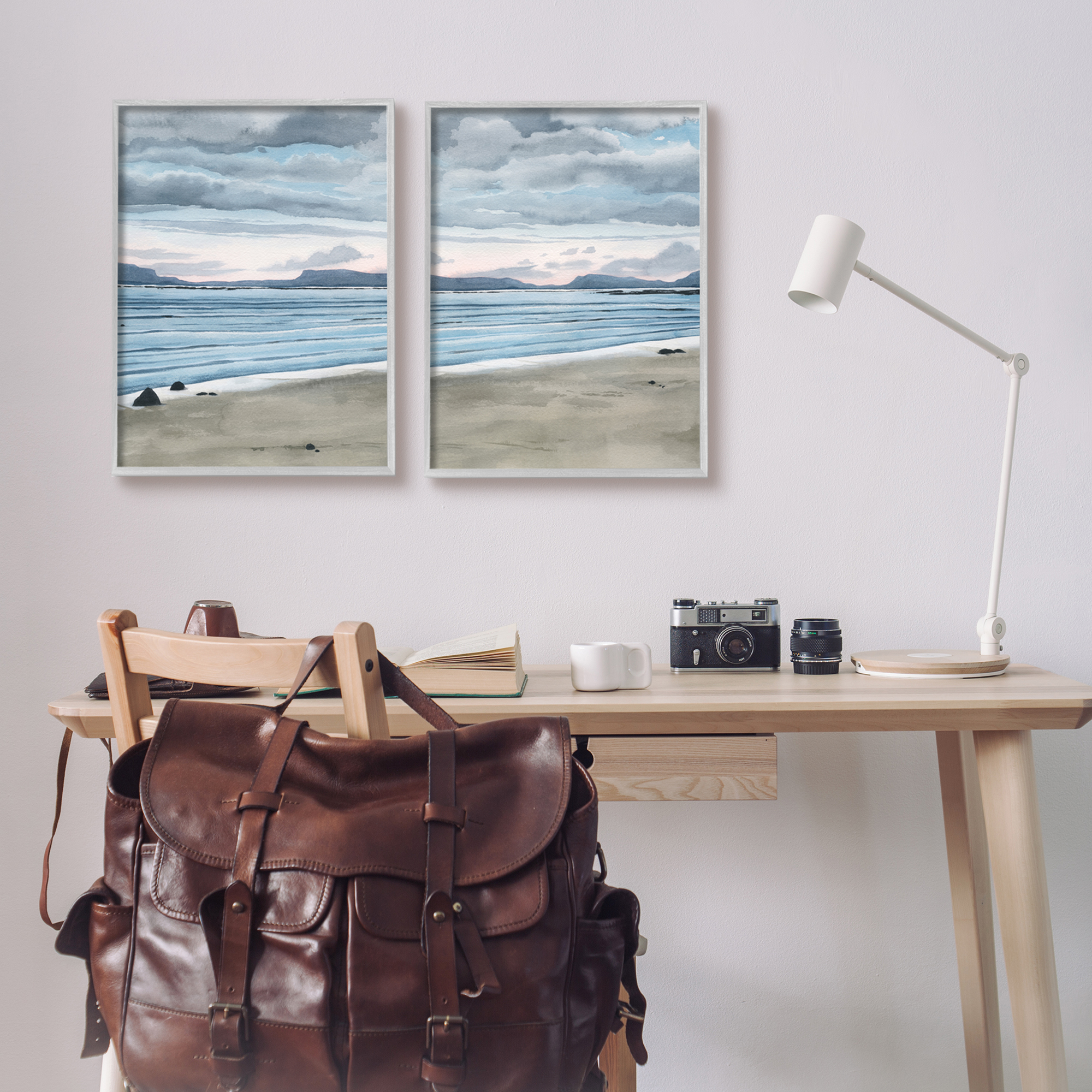 Stupell Cloudy Summer Beach Shore Watercolor Landscape Painting Gray Framed Art Print Wall Art, Set of 2
