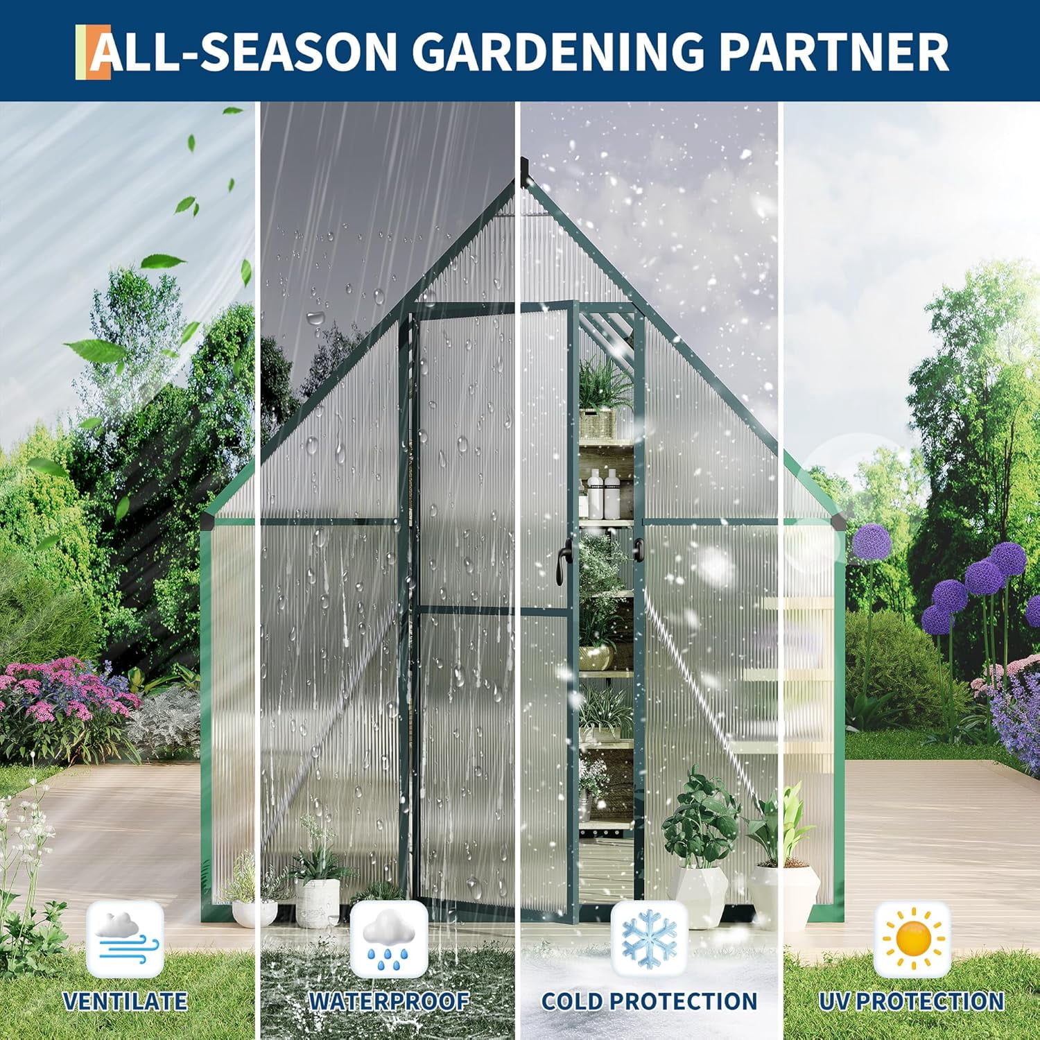 Greenhouse with Aluminum Frame, Polycarbonate Greenhouse for Outdoors, Greenhouses with Ventilation, Aluminum Large Walk-In Greenhouses, Green