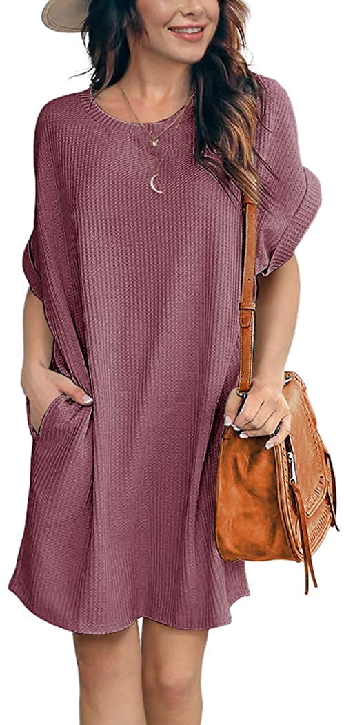 Women Waffle Knit Tunic Dress Casual 