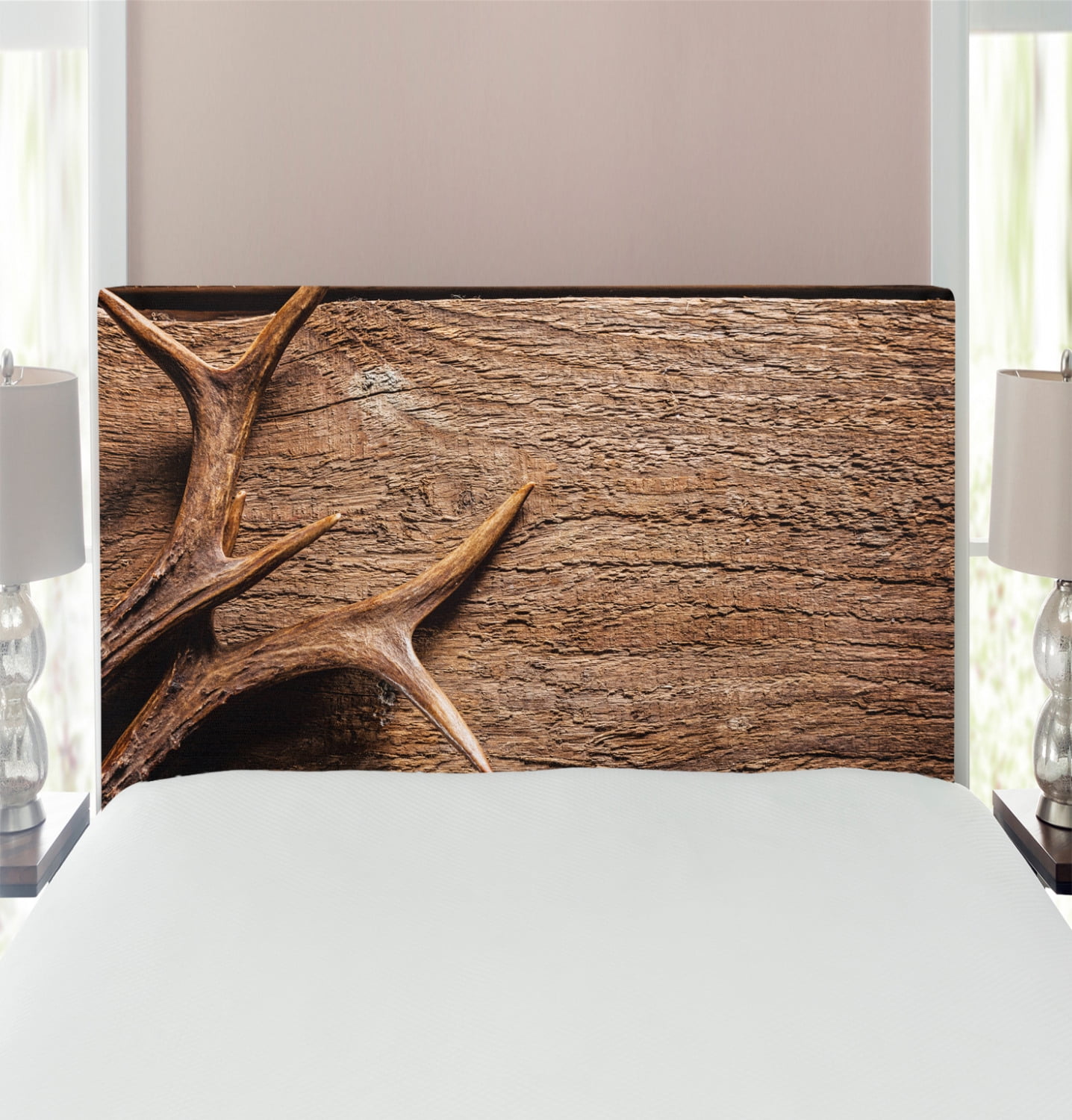 Antlers Headboard, Deer Antlers on Wood Table Rustic Texture Surface