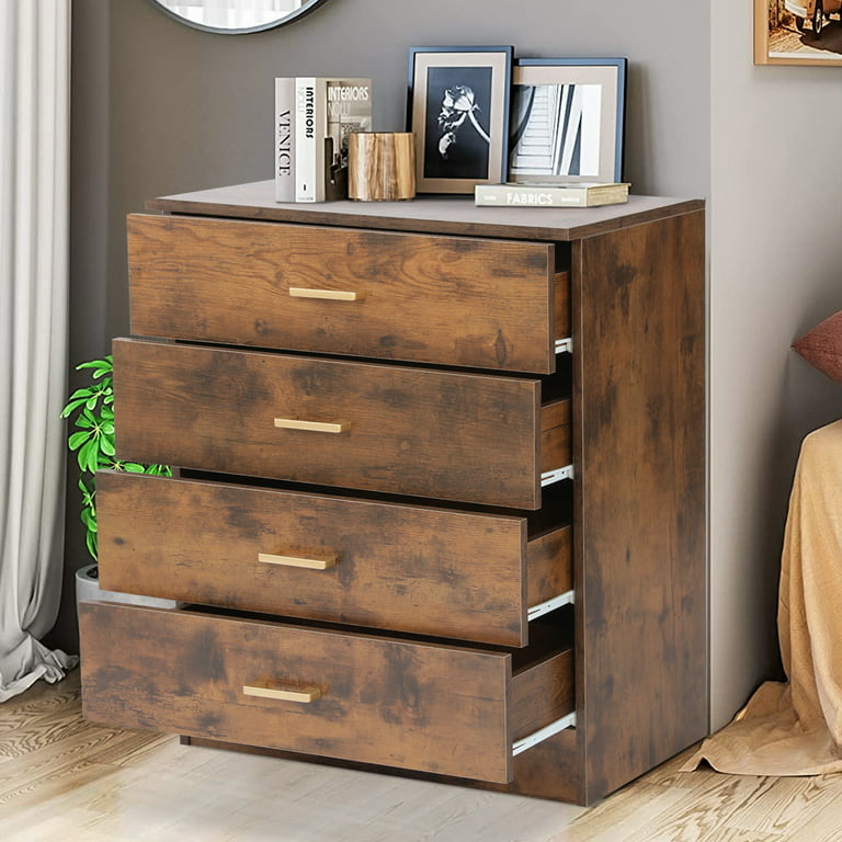 Segmart Rustic Brwon 4 Drawer Dresser for Small Space, Wood Storage Cabinet  for Living Room, Chest of Drawers with Metal Handle for Bedroom