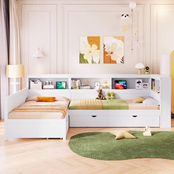Twin Size L-shaped Platform Bed frame with Built-in Power Outlets and Trundle, Wood Corner Daybed with Storage Drawer and Shelves for Bedroom, Apartment, Mattress not included, White