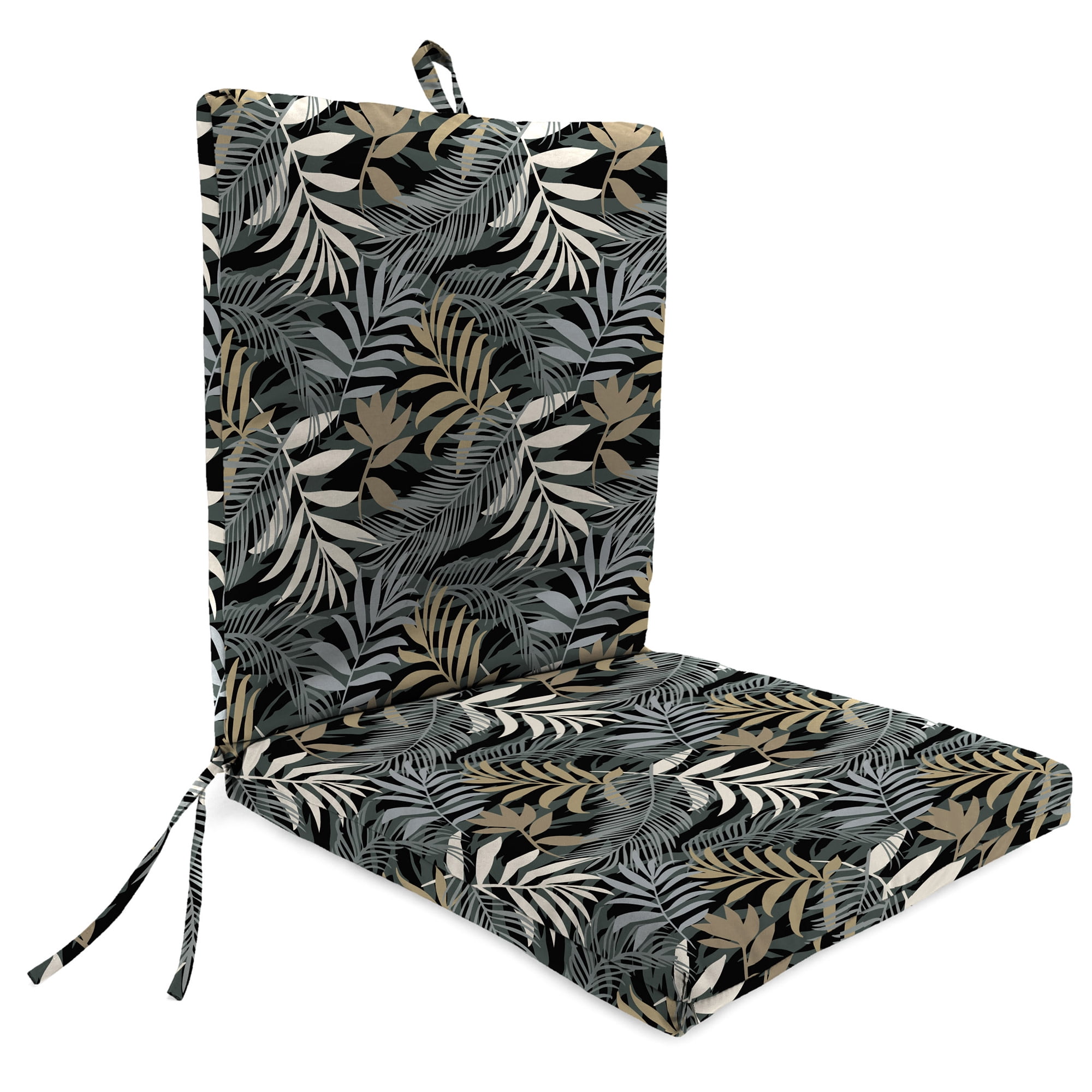 Jordan Manufacturing 44" x 21" Maryland Driftwood Black Leaves Rectangular Outdoor Chair Cushion with Ties and Hanger Loop (2 Pack)