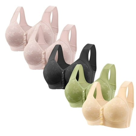 ylioge 5 Pack Womens Front Closure Bras Plus Size M-6XL Wirefree Push Up Bralettes Lightweight Multipack Adjustable Support Underwear Bra Clearance