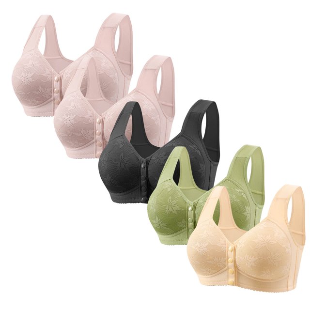 ylioge 5 Pack Womens Front Closure Bras Plus Size M-6XL Wirefree Push Up Bralettes Lightweight Multipack Adjustable Support Underwear Bra