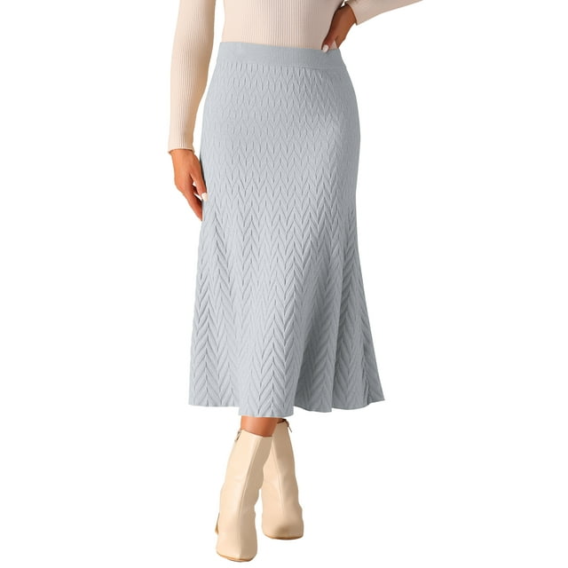 Falda midi de suéter elástica de cintura alta de punto acanalado para mujeres Inspire Chic, color gris claro, talla S