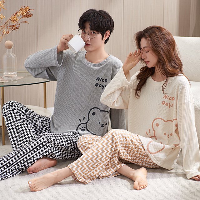 Pijamas de pareja Pijamas de mujer de otoño e invierno Ropa informal para el hogar para hombre Traje de dos piezas de algodón peinado suelto