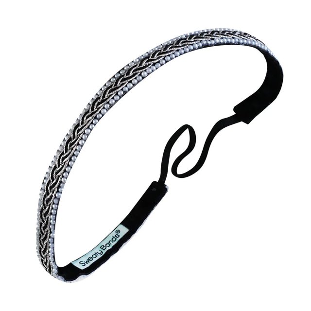 Sweaty Bands Diadema para Mujer y Niña para un Estilo de Vida Activo - Diadema con Joyas Trenzada y Forro de Terciopelo con Agarre Antideslizante que Absorbe el Sudor - Bling Twisted Black White