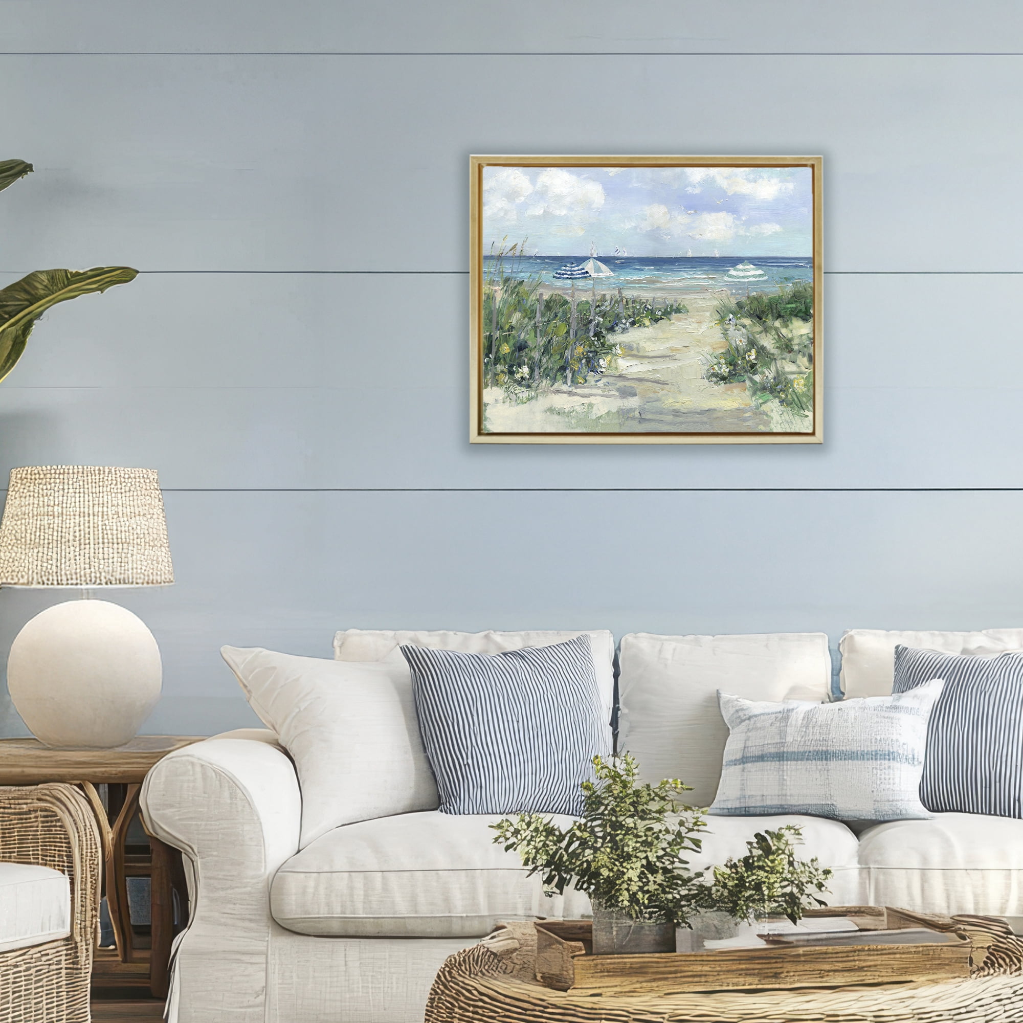 Stupell Industries Seaside Path To Striped Umbrellas Gold Framed Floater Canvas Wall Art, design by Sally Swatland