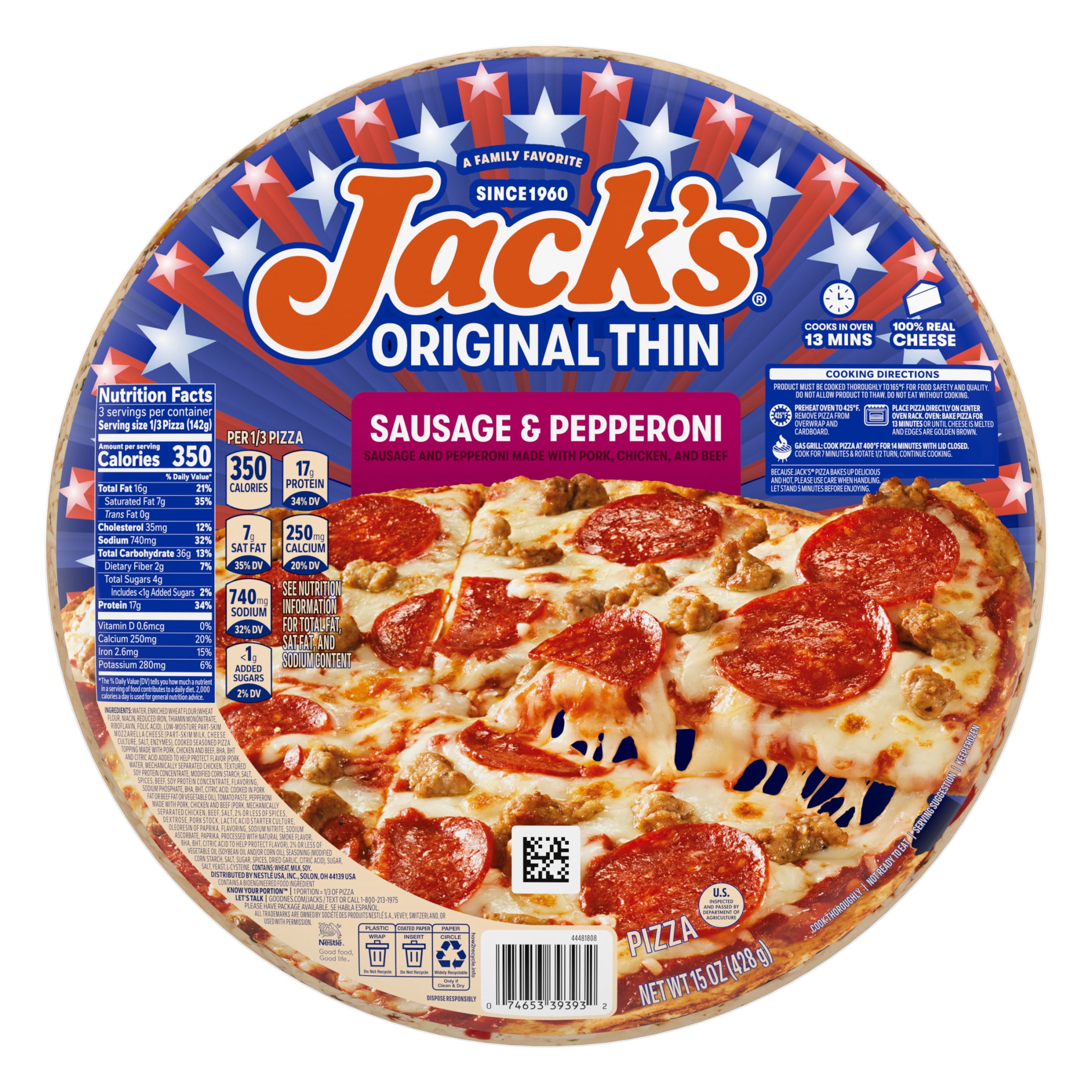 Jack's Frozen Meat Pizza, Sausage, Pepperoni and Cheese, Original Thin Crust Pizza for Grilling, 15 oz (Frozen)​