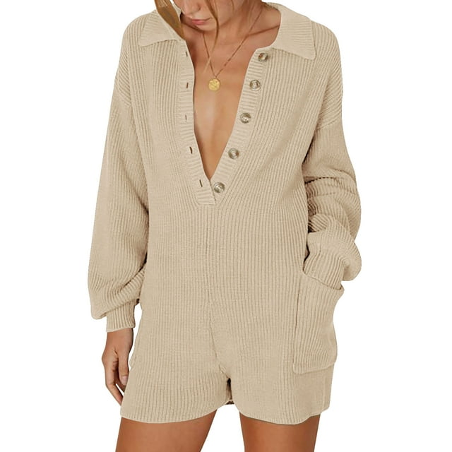xiaxaixu Women’s Ribbed Knit Rompers Long Sleeve Solid Color Button Down Jumpsuit Shorts Loungewear