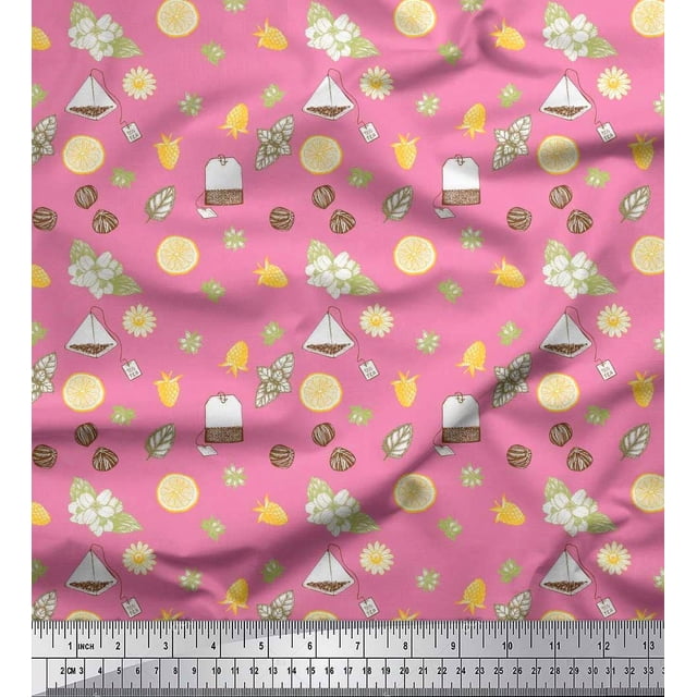 Soimoi Pink Poly Georgette Fabric Tea Bag,Star Anise & Lemon Slice Vegetable Printed Craft Fabric by the Yard 42 Inch Wide