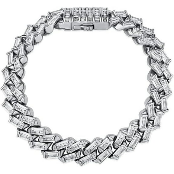 14K Gold Baguette Moissanite Cuban Chain Tennis Bracelet, Hip Hop Style Choker, Glamorous Jewelry